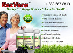 RezVera digestive enzymes ingredients graphic emphasizes 18 natural enzymes.