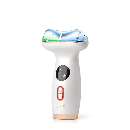 RFVDC cold heat facial massager close-up of the metal head for precise contouring at home.