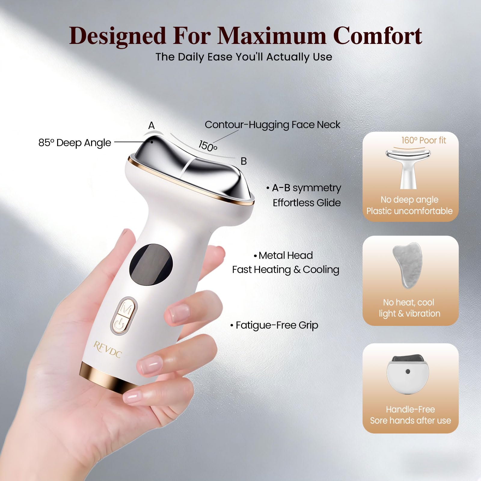 RFVDC compact massager resting on a dresser for easy at-home use.
