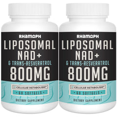 Rhamoph Liposomal NAD+ bottle closeup highlighting advanced absorption.