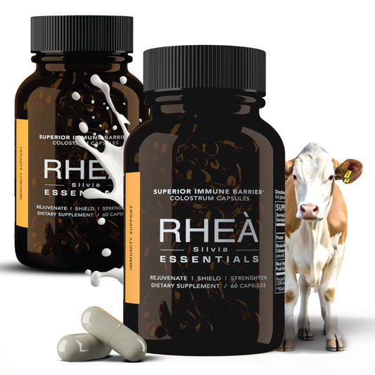 RHEA Bovine Colostrum capsules bottle showing premium gut health support
