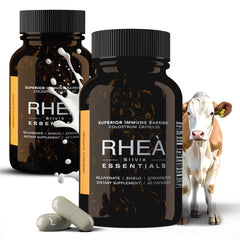 RHEA Bovine Colostrum capsules bottle showing premium gut health support