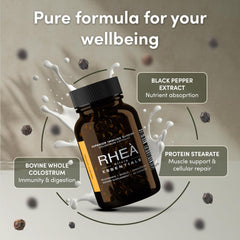 RHEASILVIA lifestyle shot showing bottle and capsules on a clean surface.