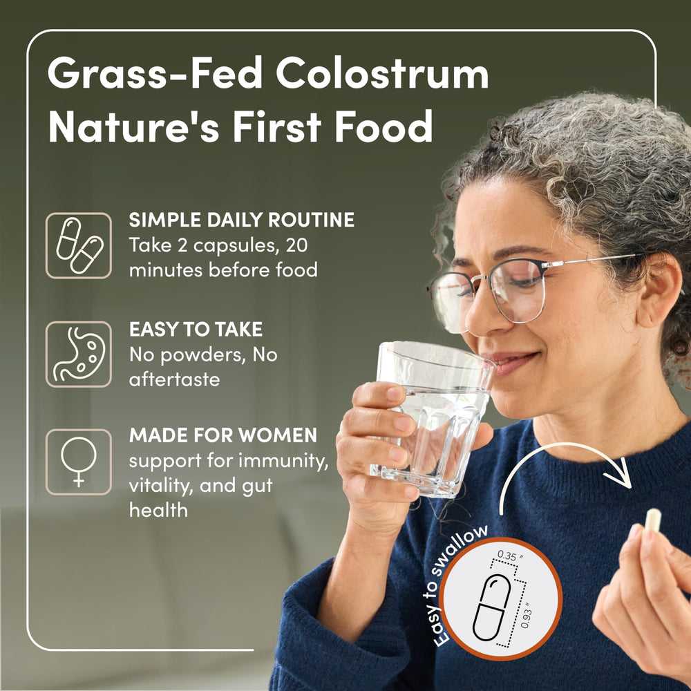 RHEASILVIA digestive health emphasis with gut-friendly colostrum capsules.
