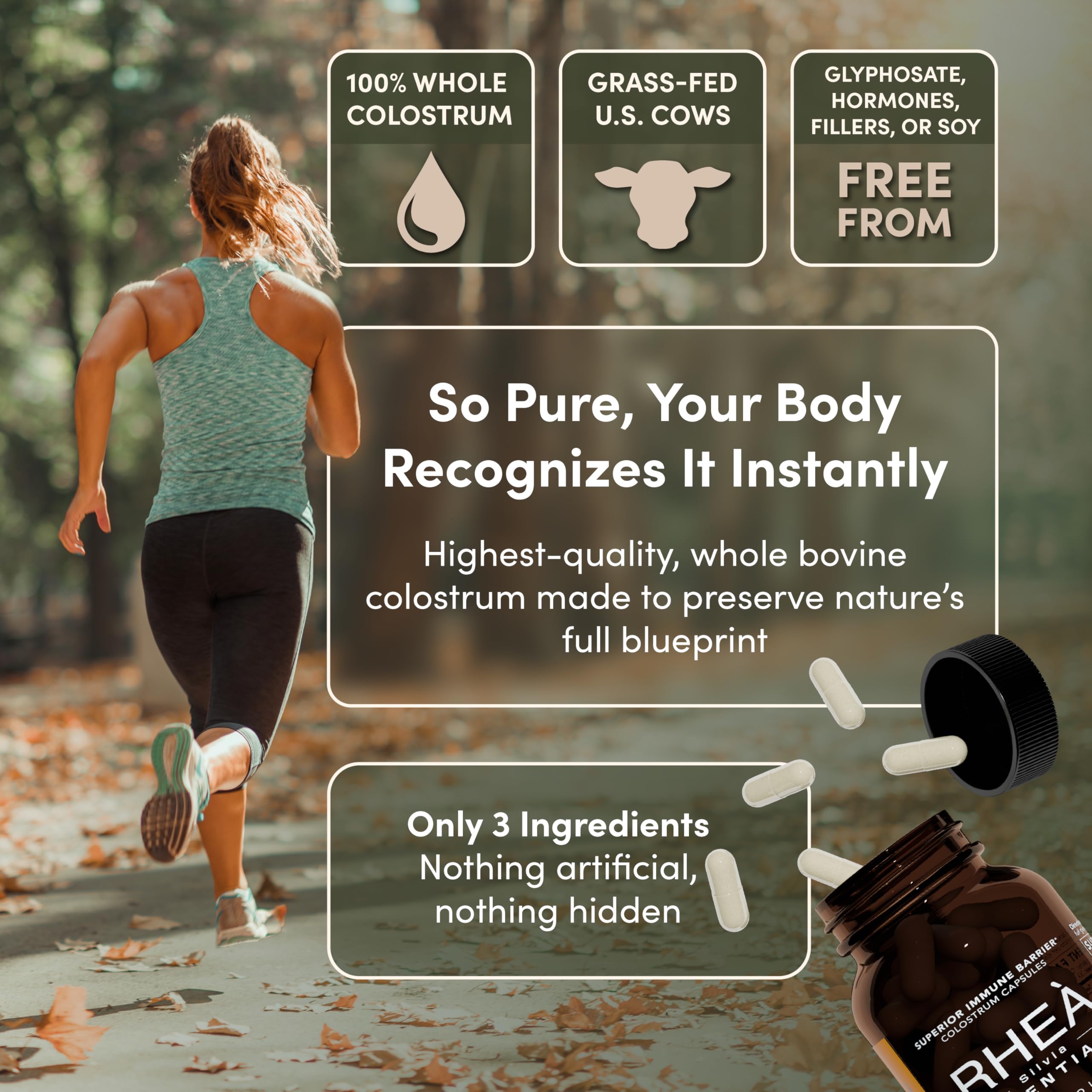 RHEASILVIA immune support capsules highlight immunoglobulins and lactoferrin.