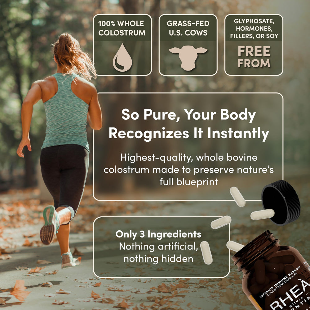 RHEASILVIA immune support capsules highlight immunoglobulins and lactoferrin.