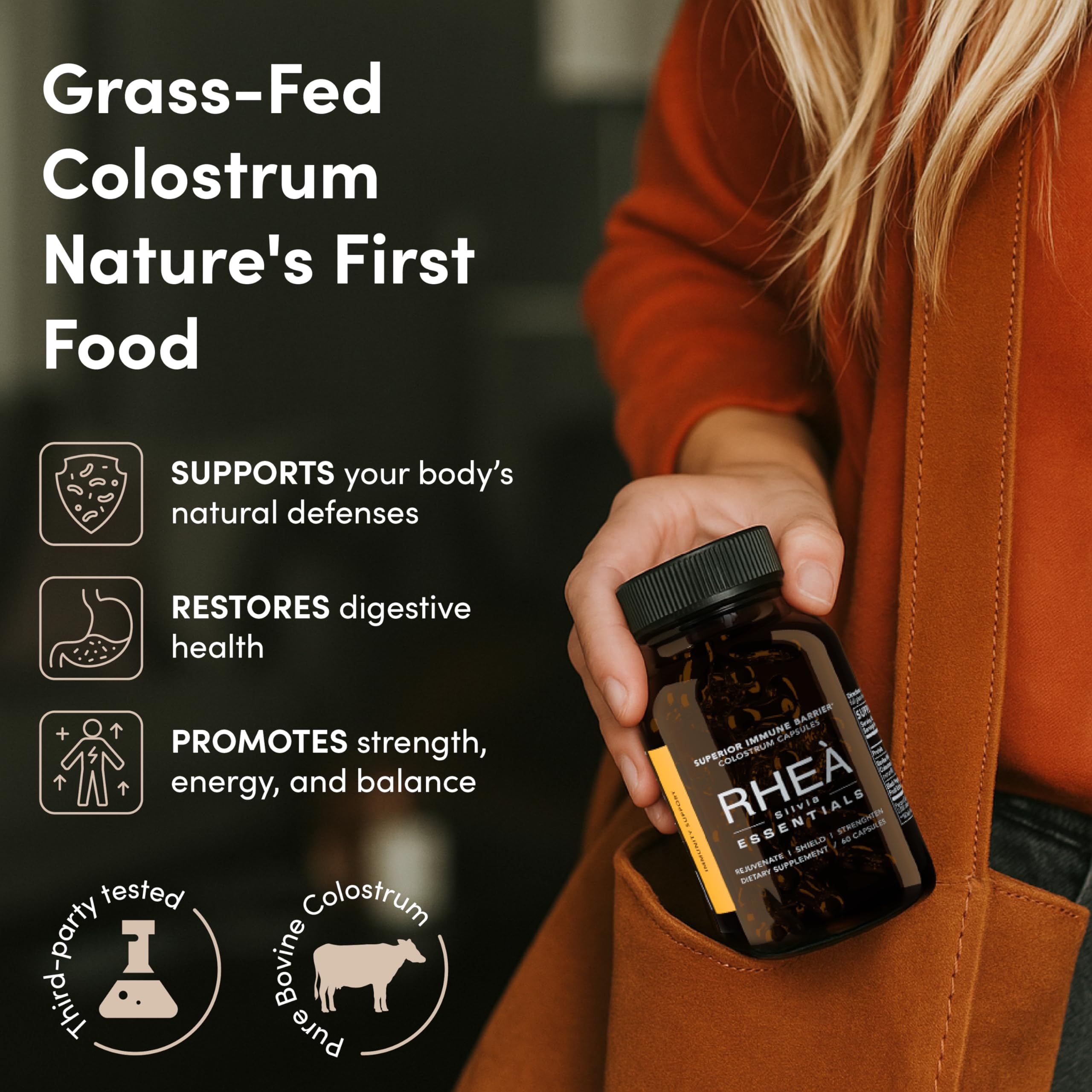 RHEASILVIA packaging displays colostrum capsules and bottle for daily use.
