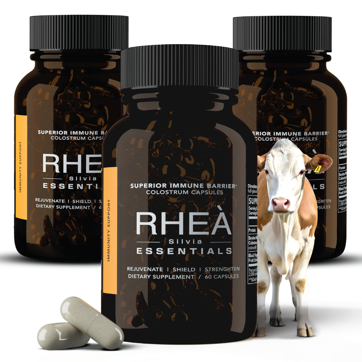 RHEASILVIA Rhea colostrum capsules bottle for daily immune and digestive support.