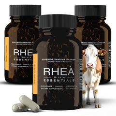 RHEASILVIA Rhea colostrum capsules bottle for daily immune and digestive support.