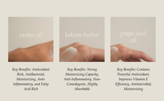 Rhemede Restoration Balm ingredients splash highlighting castor oil and kokum butter