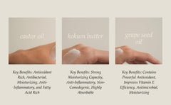 Rhemede Restoration Balm ingredients splash highlighting castor oil and kokum butter
