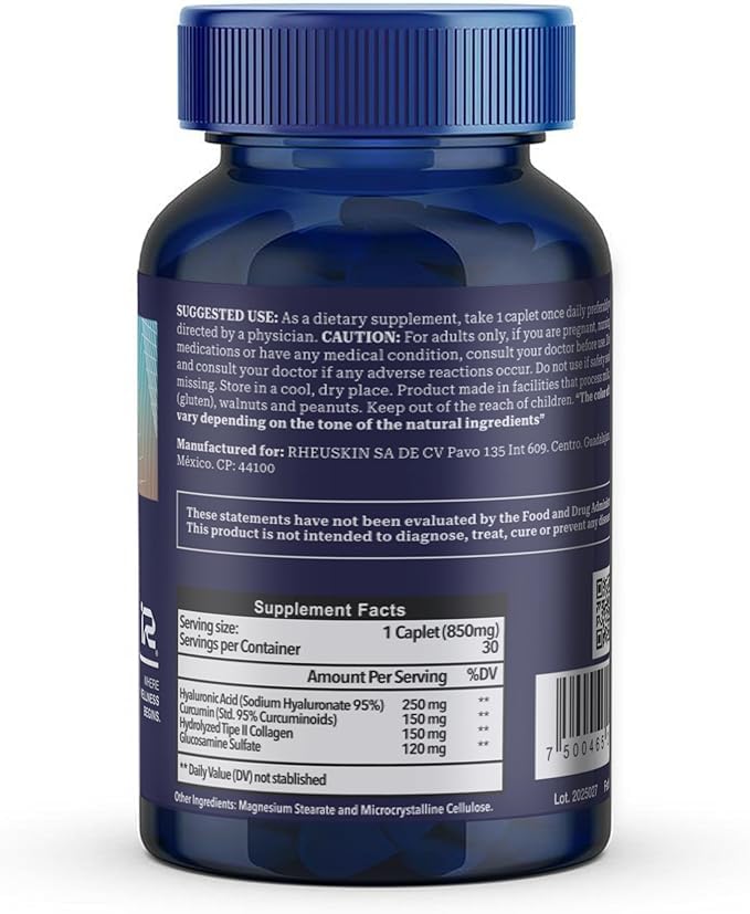 Rheuskin Motion 3 Pack capsules closeup highlights potent 850 mg caplets for joint support.