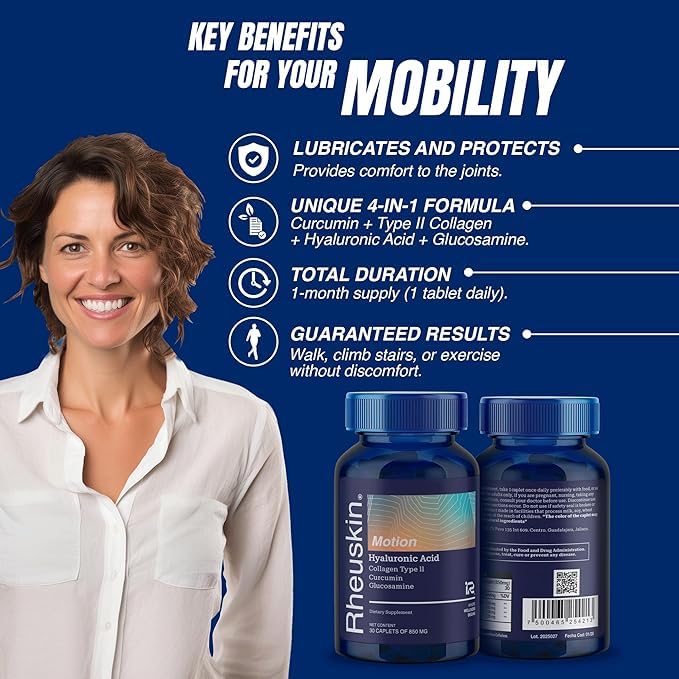 Rheuskin Motion 3 Pack bottle on shelf emphasizes quality ingredients for daily joint support.