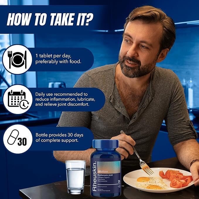 Rheuskin Motion 3 Pack package beside water promotes simple wellness habit.