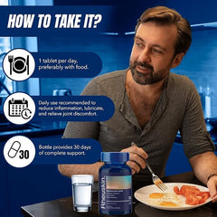 Rheuskin Motion 3 Pack package beside water promotes simple wellness habit.