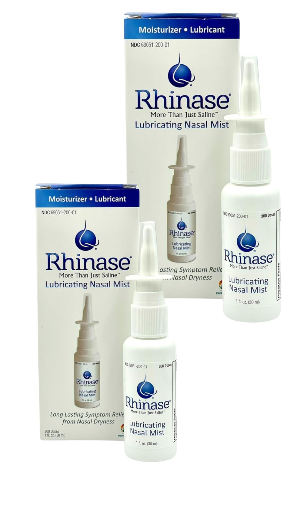 Rhinase nasal mist duo bottle closeup showing aloe-free formula for sensitive noses.
