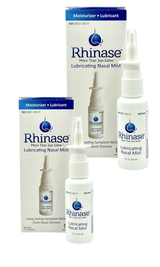 Rhinase nasal mist duo bottle closeup showing aloe-free formula for sensitive noses.