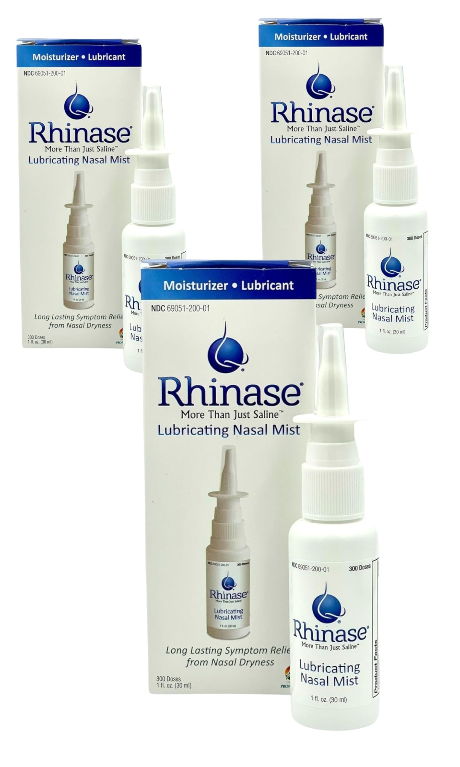Rhinase nasal spray 1oz bottle close-up for daily nasal moisture.