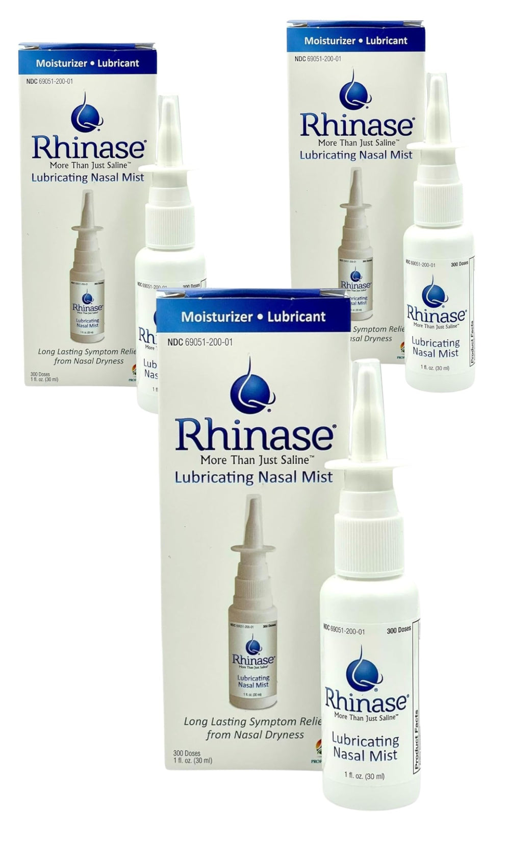 Rhinase nasal spray 1oz bottle close-up for daily nasal moisture.