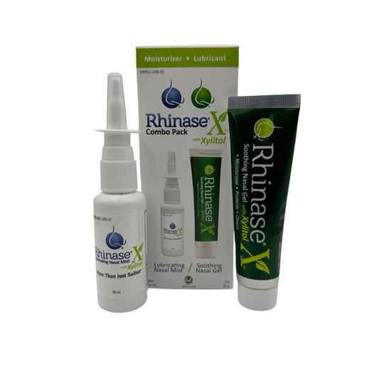 Rhinase X Combo gel bottle application demonstrates nasal hydration