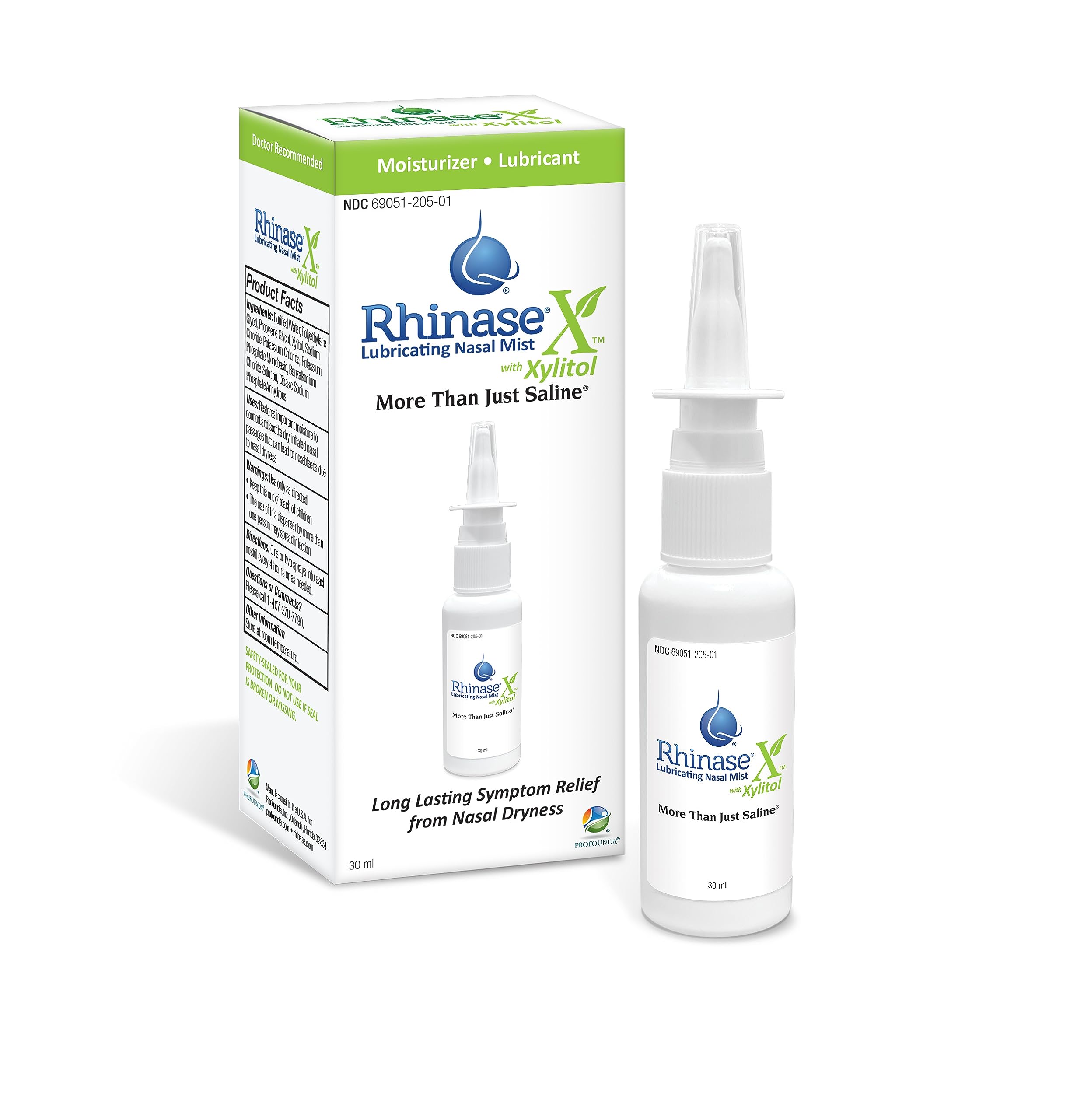 Rhinase X Mist xylitol ingredient label highlights natural moisture support.