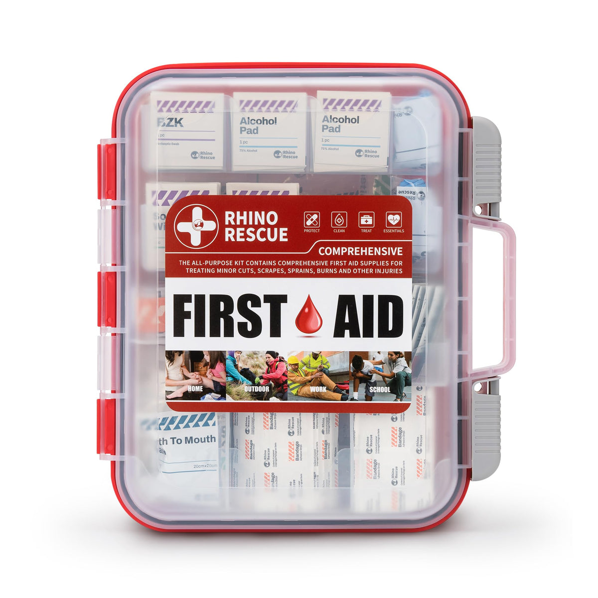 Rhino Rescue 371-pcs kit contents organized for quick access in emergencies.