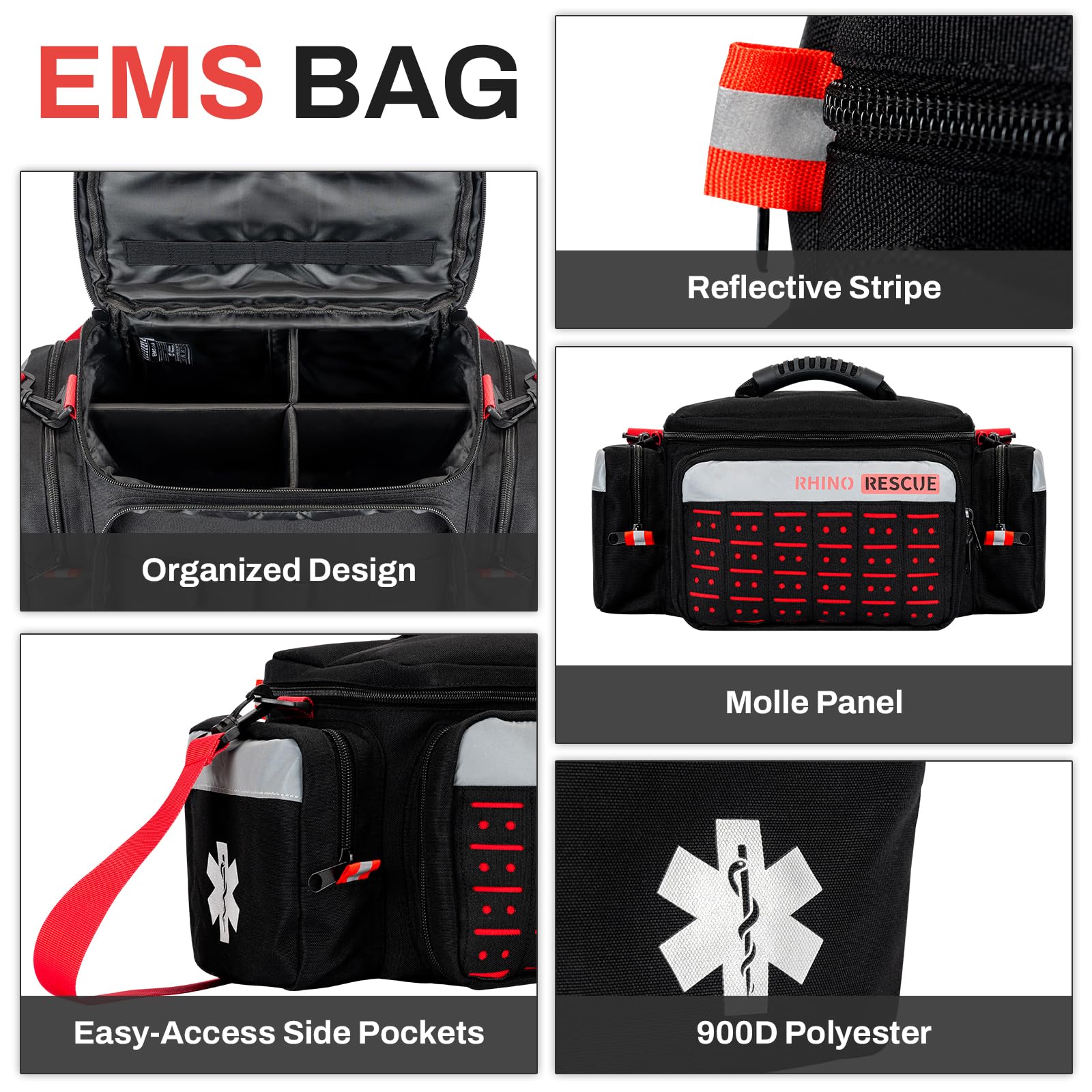 Rhino Rescue bag reflective strips enhance visibility at night.