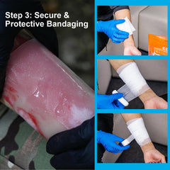 Rhino Rescue scissors, nitrile gloves, and tape for safe dressing.