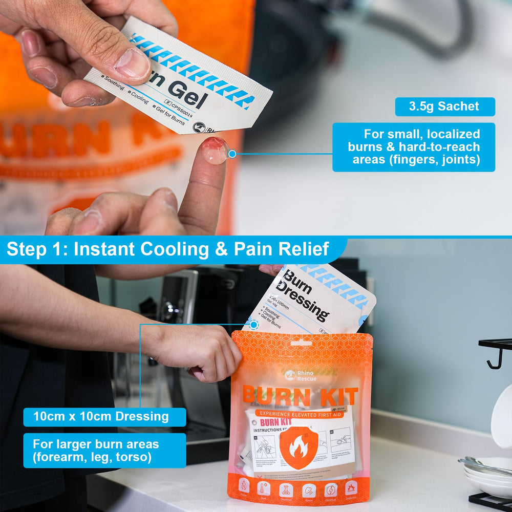Rhino Rescue burn gel packets 3.5g for fast cooling relief.