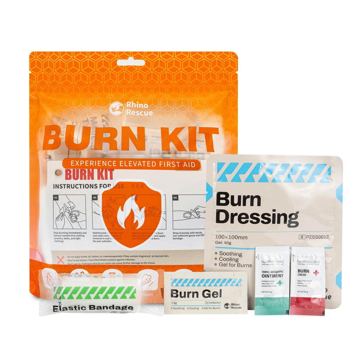 Rhino Rescue burn kit front view for quick emergency burn care.
