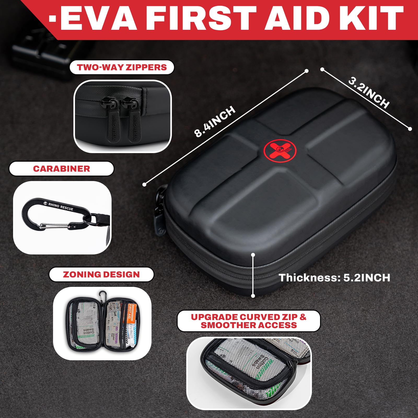 Rhino Rescue 130-piece essentials organized for ready use in emergencies.