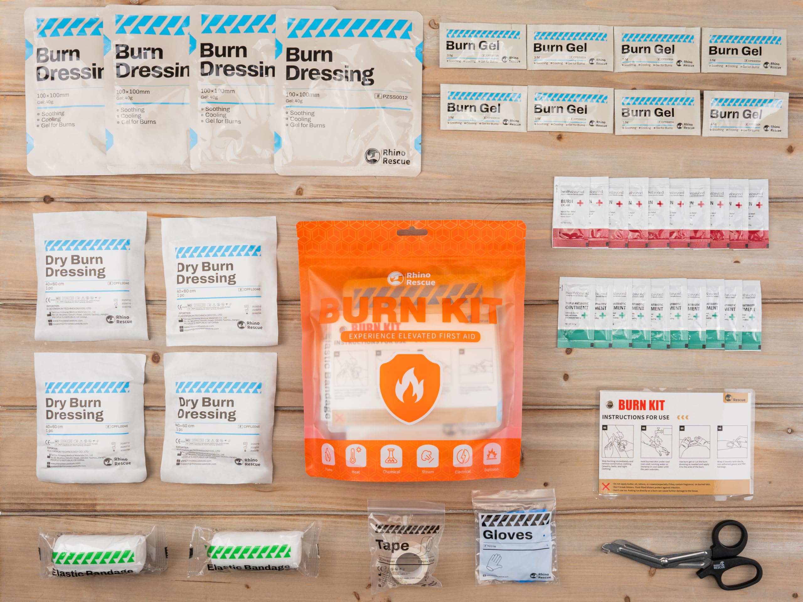 Rhino Rescue first aid kit contents guide showing burn care essentials.
