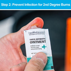 Rhino Rescue non-adherent bandage four-pack protects burn areas.