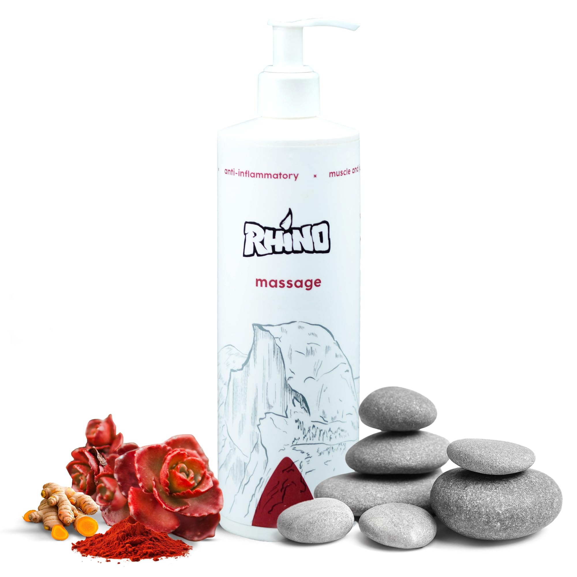 Rhino Skin Solutions warming massage cream bottle pump supports muscle recovery after workouts.