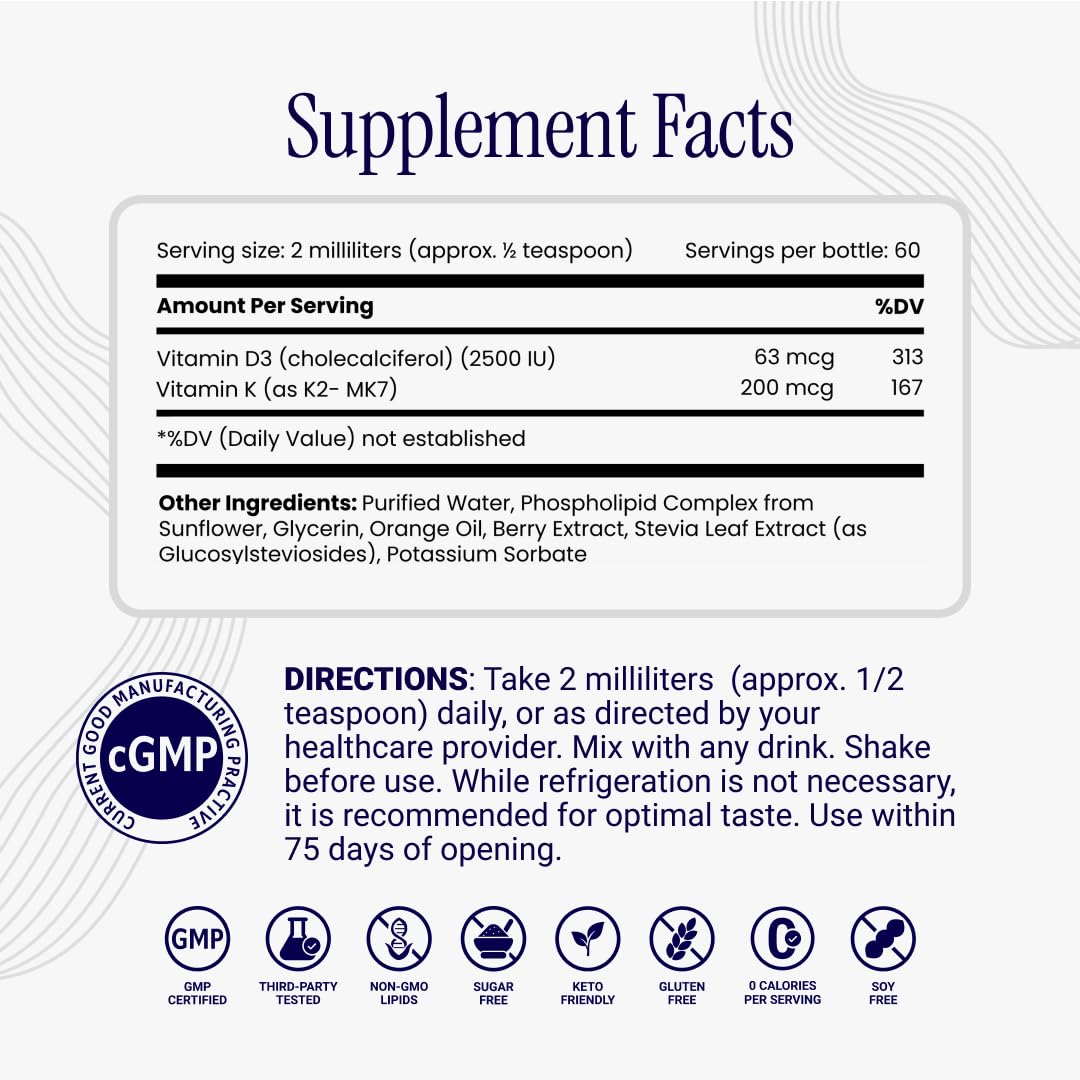 Rho Nutrition Berry-flavored D3K2 sip suggests convenient daily intake.