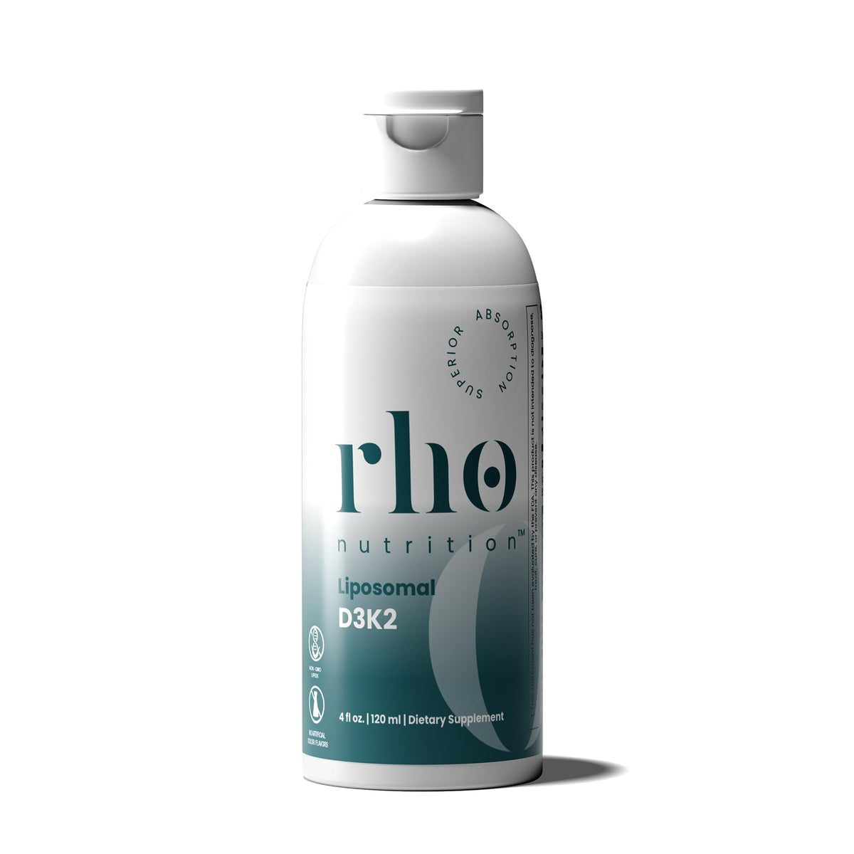 Rho Nutrition Liposomal D3K2 bottle closeup showing high-absorption design for immune support.
