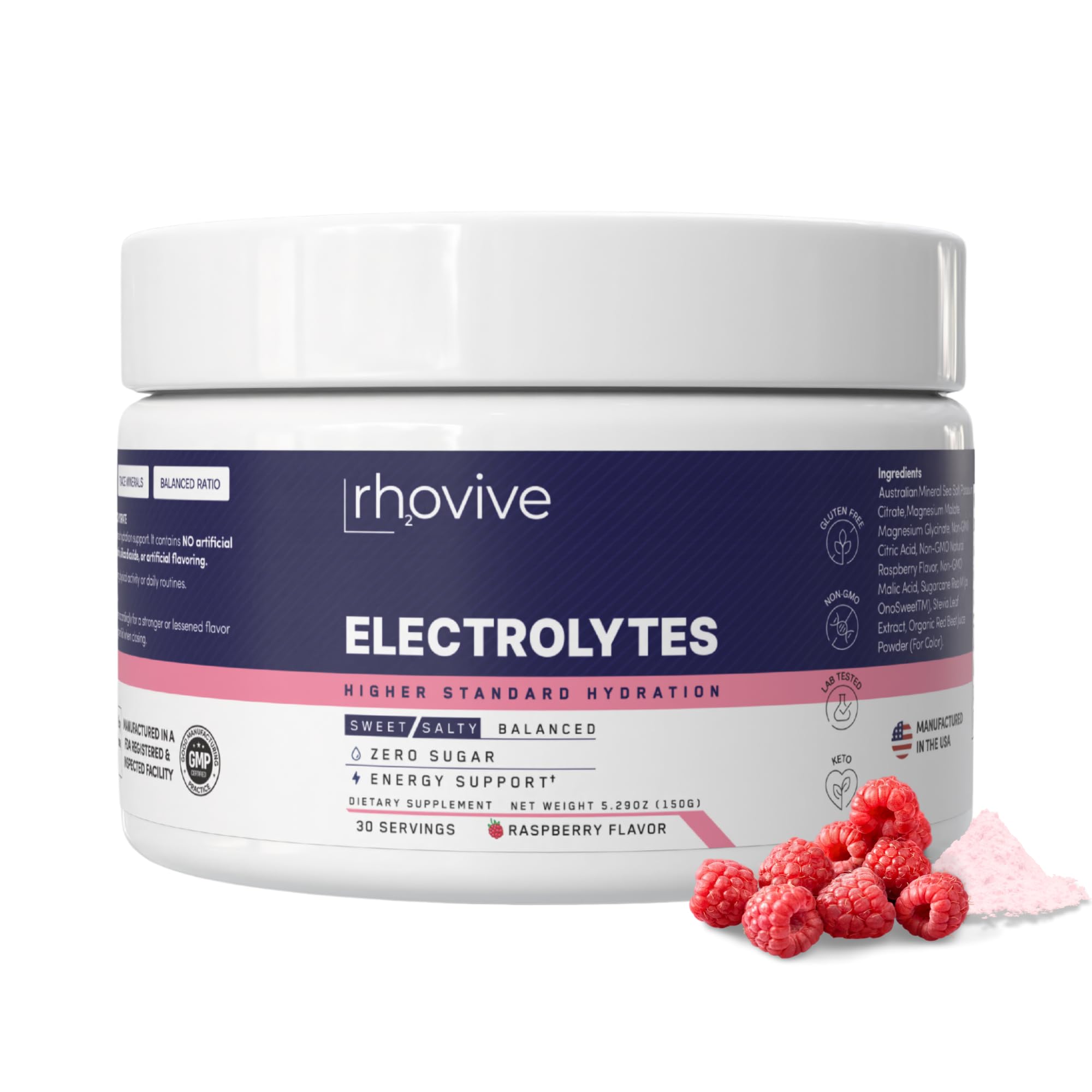 Rhovive Electrolyte Powder raspberry tub closeup for clean hydration support