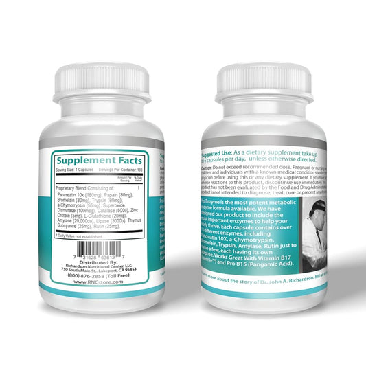 Richardson Pro Enzymes bottle back highlights supplement facts and usage directions.