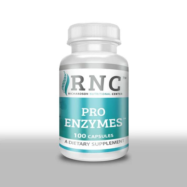 Richardson Pro Enzymes bottle front shows easy-to-take capsules for daily digestive support.