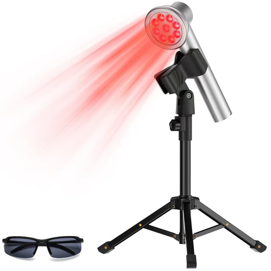 RICIAL cold-laser device with stand in front view for convenient hands-free therapy.