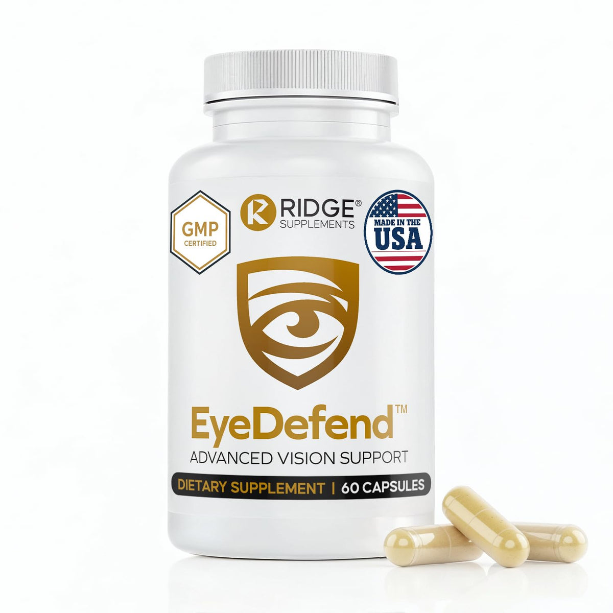 RIDGE SUPPLEMENTS EyeDefend bottle front showcases lutein and bilberry for eye support