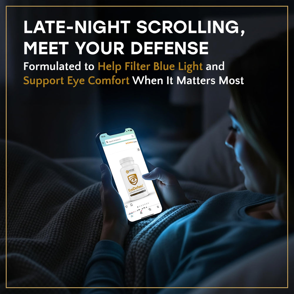 EyeDefend packaging side communicates blue light defense for comfortable viewing
