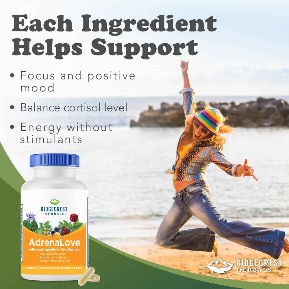 RidgeCrest AdrenaLove bottle back label with ingredients and usage notes