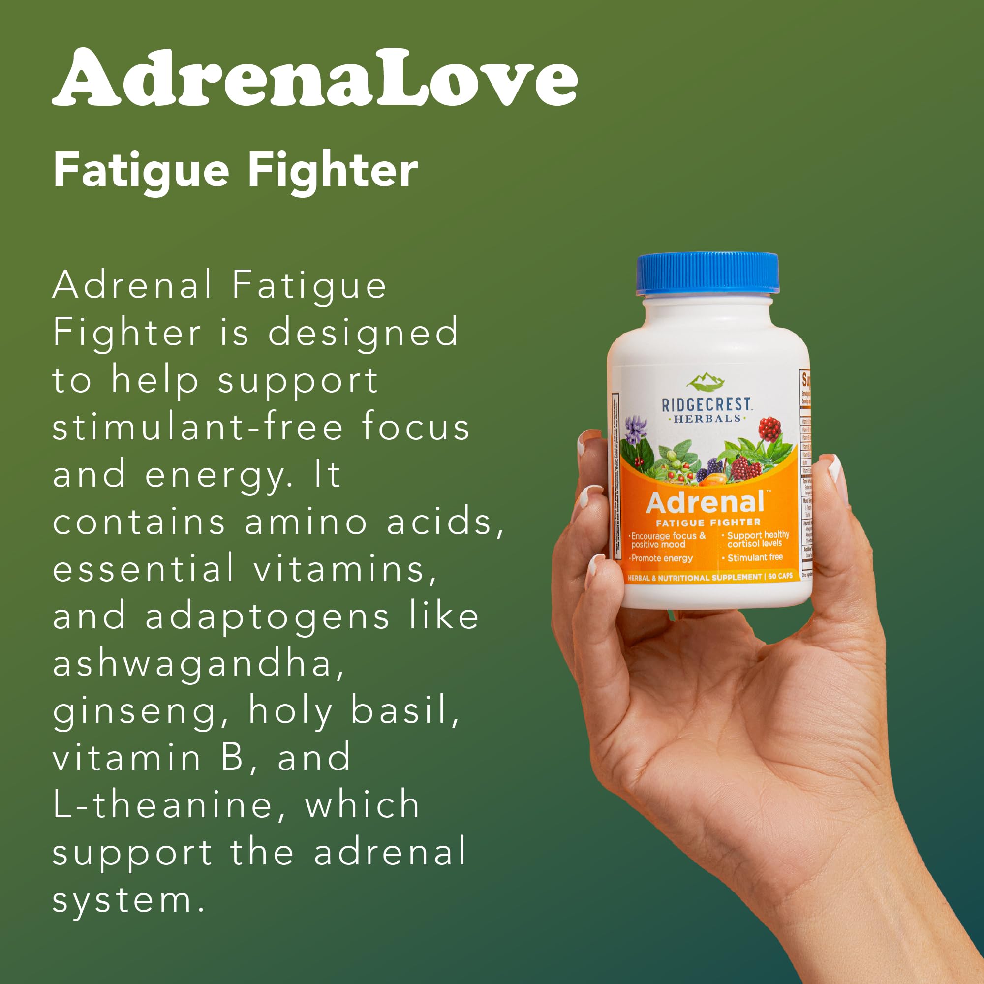 RidgeCrest AdrenaLove bottle on wood surface for everyday wellness