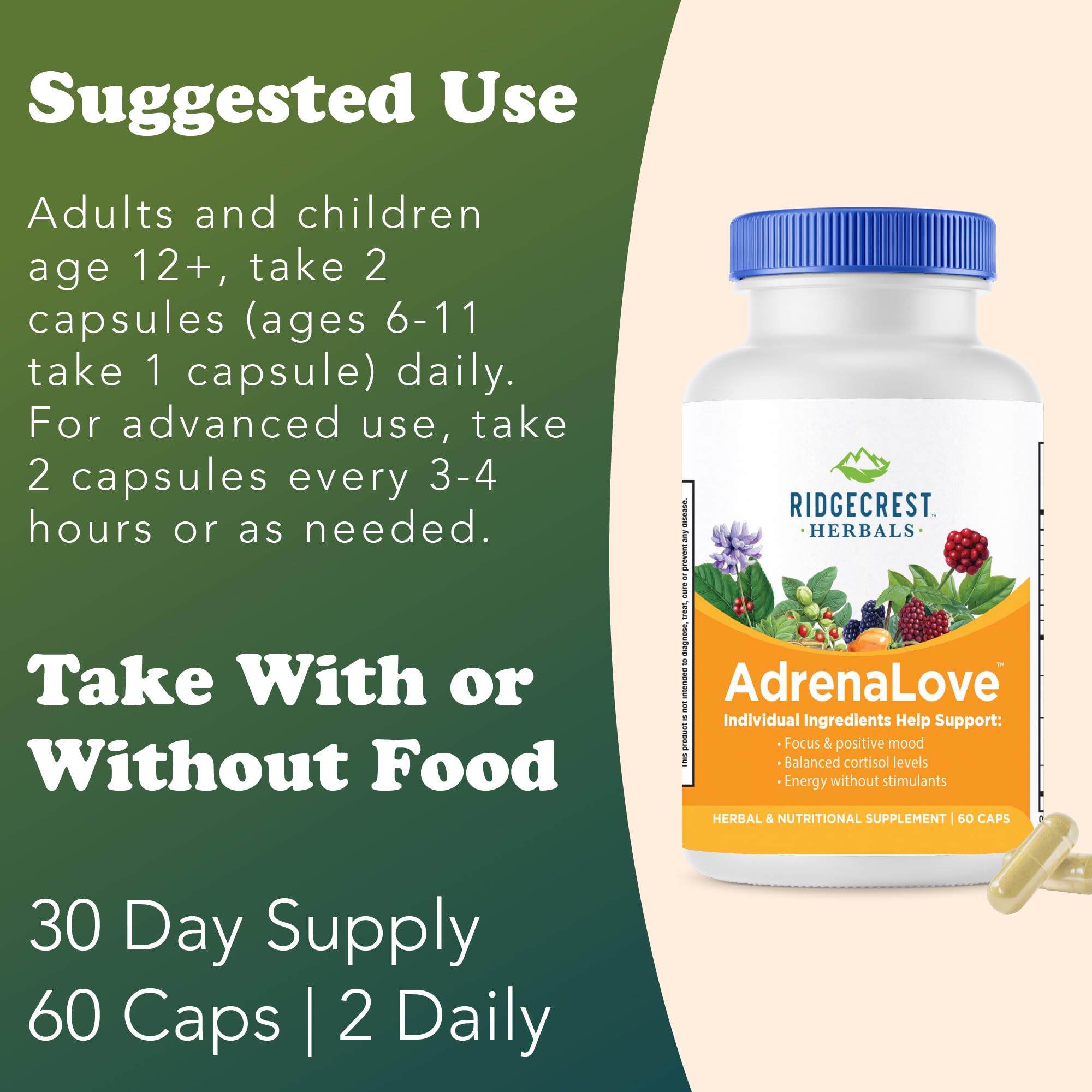 RidgeCrest AdrenaLove label close-up highlighting adaptogens