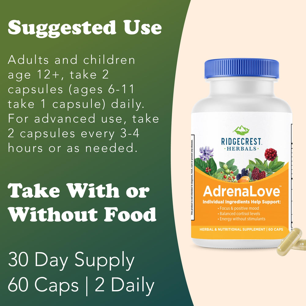 RidgeCrest AdrenaLove label close-up highlighting adaptogens