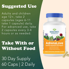 RidgeCrest AdrenaLove label close-up highlighting adaptogens
