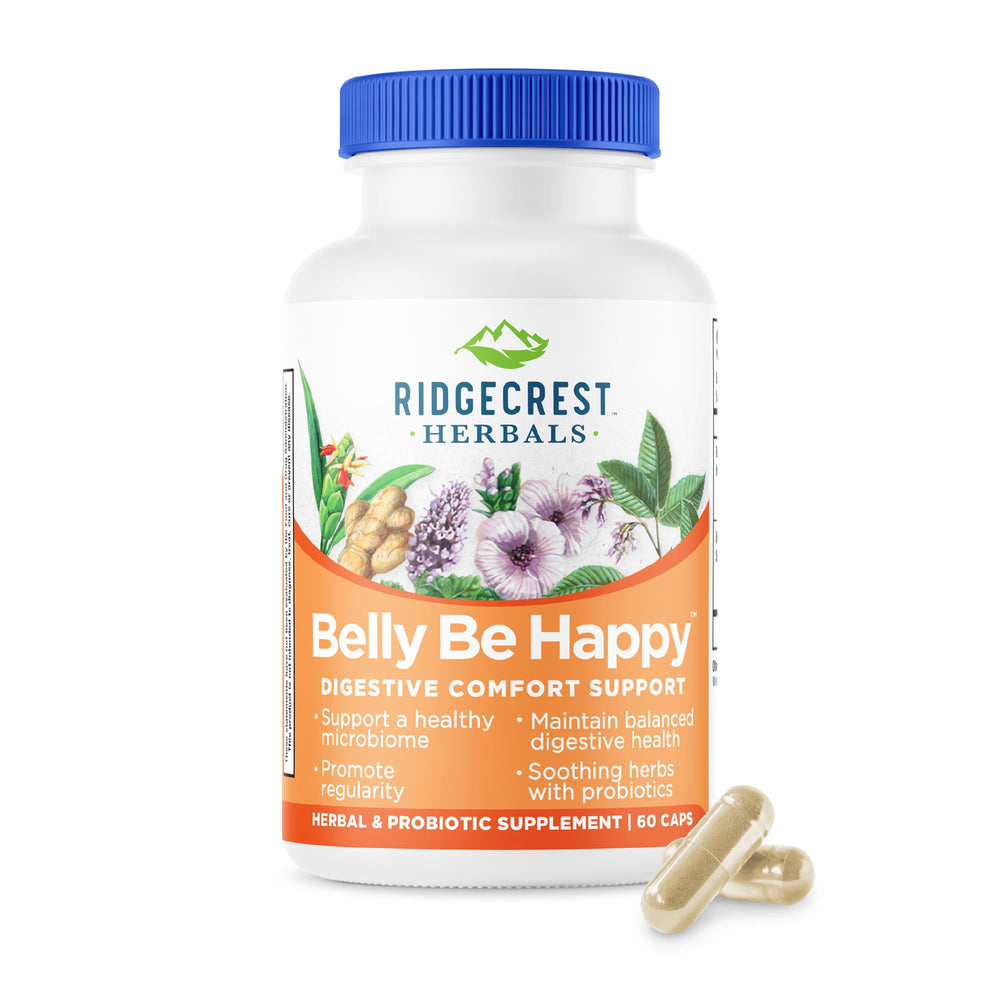 RidgeCrest Belly Be Happy bottle front showing daily digestive support in a compact package
