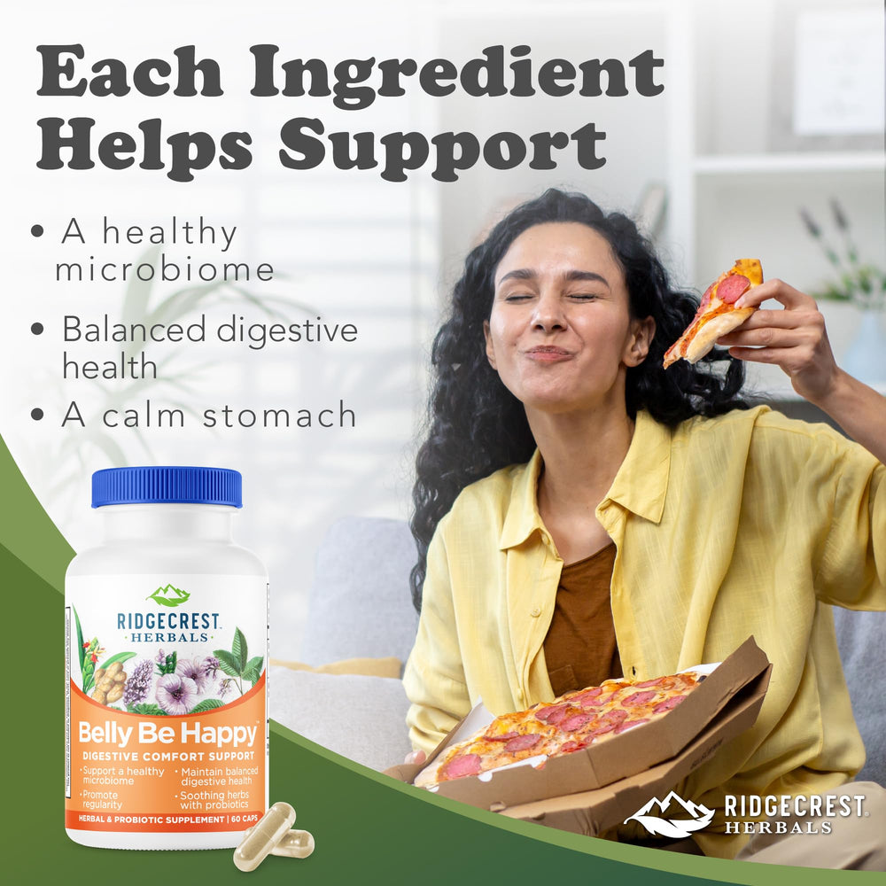 RidgeCrest Belly Be Happy bottle side view highlighting convenient two-capsule servings