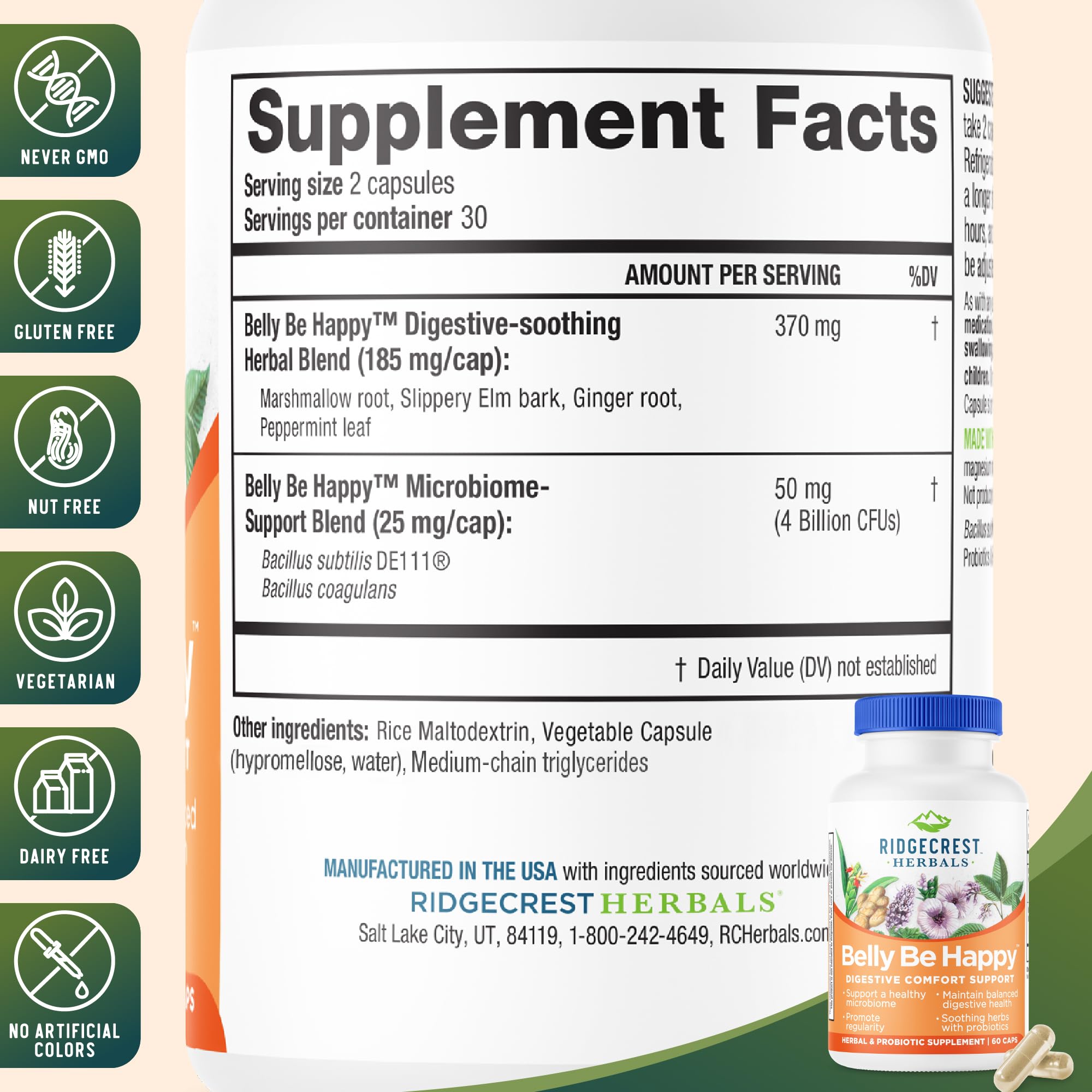RidgeCrest Belly Be Happy capsules 60-count close-up for daily probiotic use